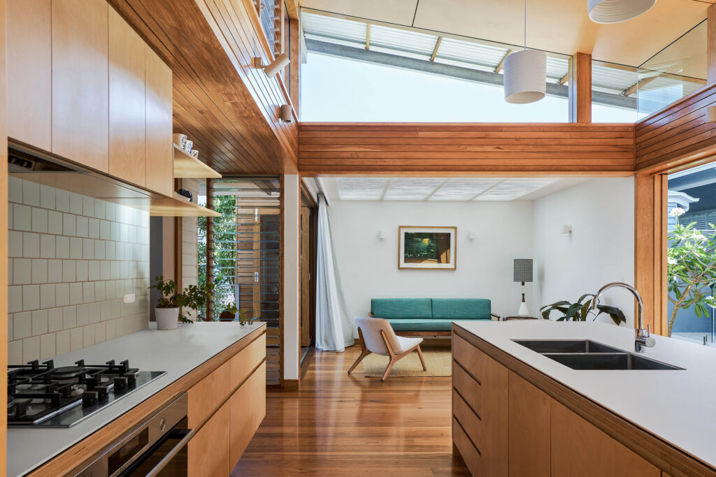 Kitchen of Architecturally designed custom-home, built by BlueBird Design & Build in Alderley Brisbane