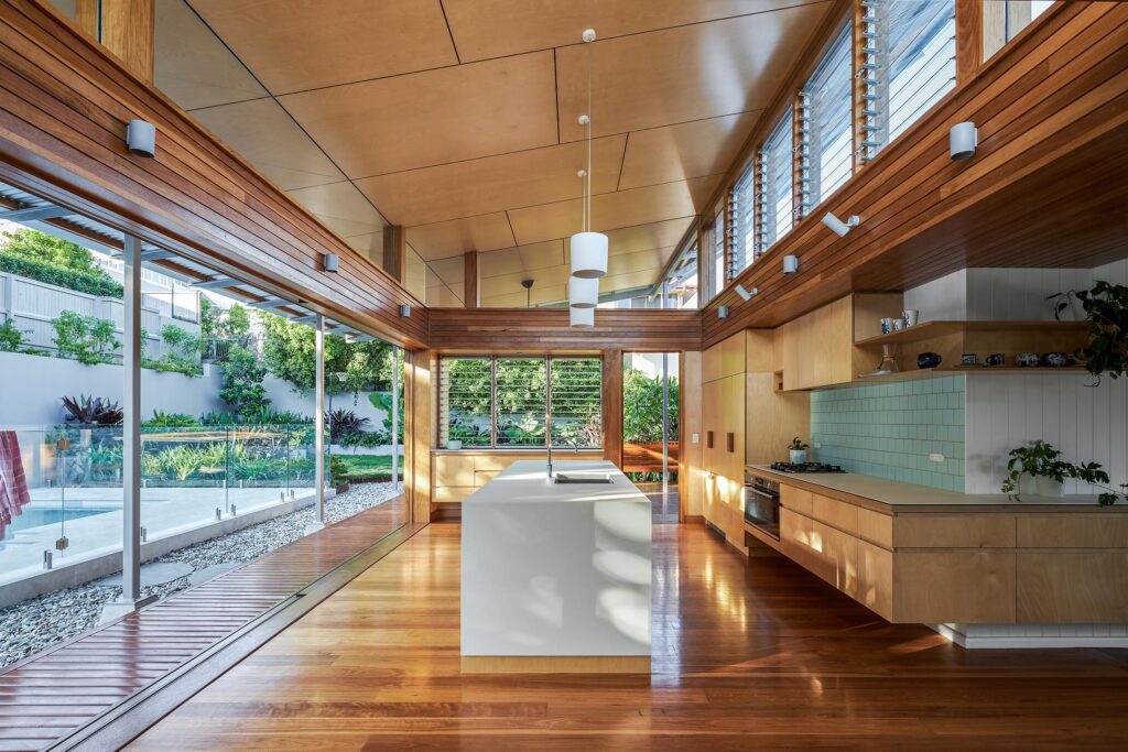 Kitchen of Architecturally designed custom-home, built by BlueBird Design & Build in Alderley Brisbane